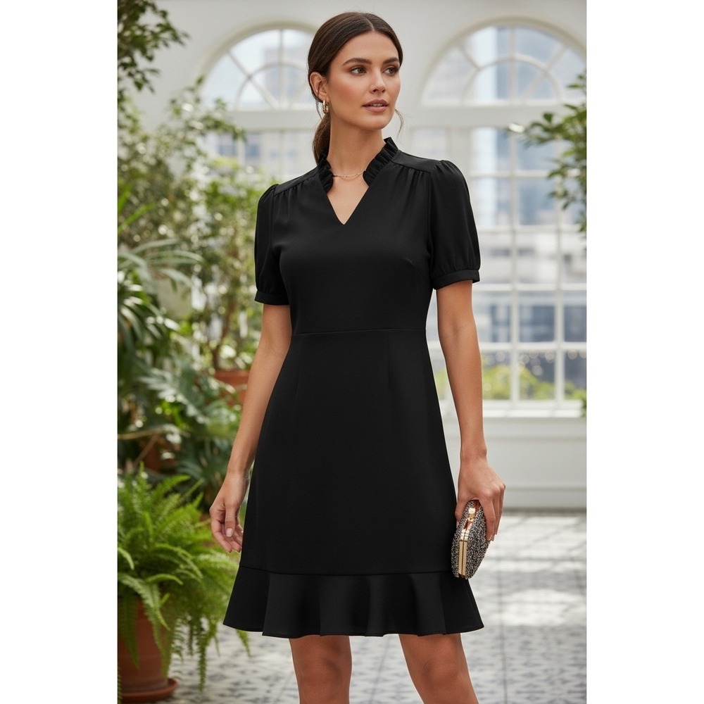 Nanette Lepore‎ Black Ruffle V-Neck Flounce Hem Short Sleeve Sheath Dress Size 6